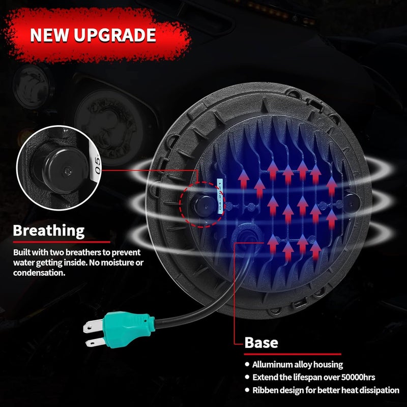 Wisamic Motorcycle LED Headlight 7 inch, 4.5 inch Passing Lamps Fog Lights and Mounting Ring, Compatible with Harley Davidson Road King Ultra Classic Electra Street Glide (Silver) - Image 3